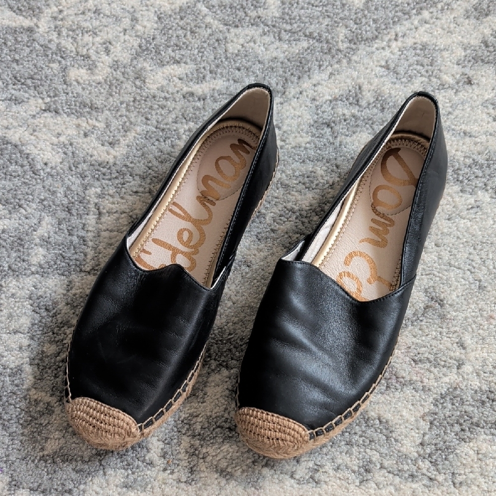Sam Edelman Black Leather Espadrille Flats with Tan Woven Toe